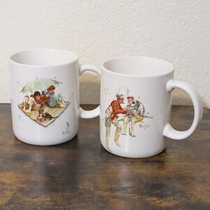 VTG Norman Rockwell Fishing Coffee Mugs x2 Trout Dinner Fisherman's Paradise
